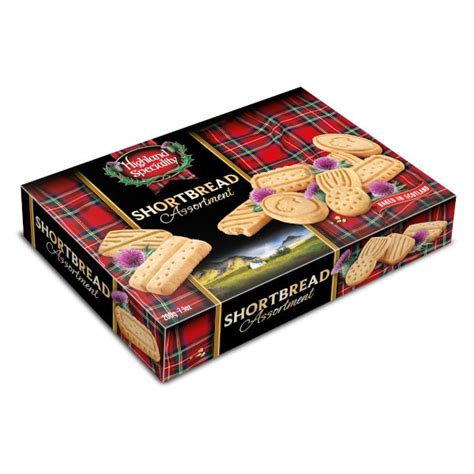 highland specialty shortbread in metal box with fogs on front|scottish signature shortbread.